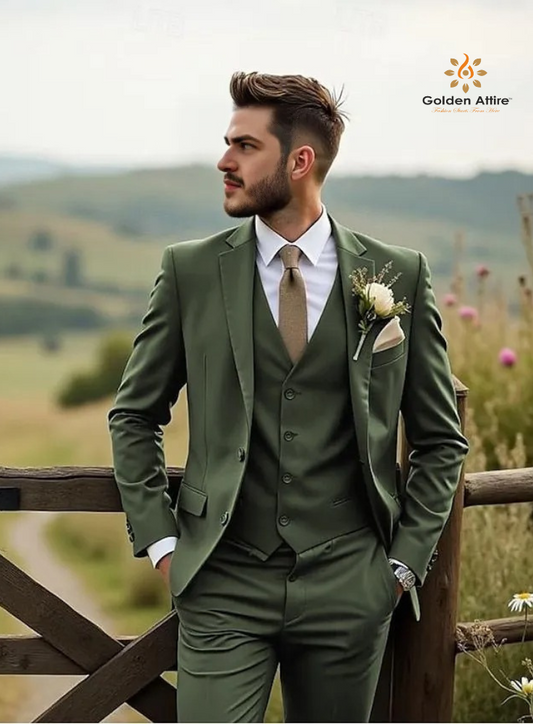 Golden Attire Emerald Green Three-Piece Groom Suit | Comfortable Terry Rayon Fabric | Customizable Design