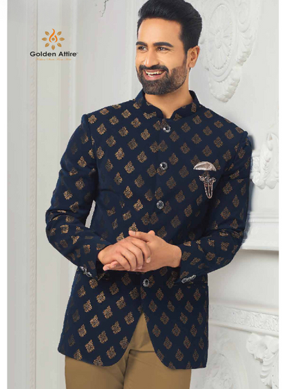 Navy Blue Jacquard Jodhpuri Suit | Bandhgala Suit | All Over Design Customizable Fit | Free Global Shipping | Golden Attire