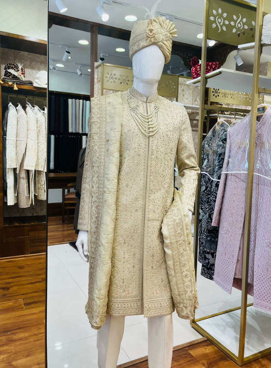 Golden Attire | Beige Embroidered Groom Sherwani | Luxury Custom Indian Wedding Sherwani | All Over Thread Work