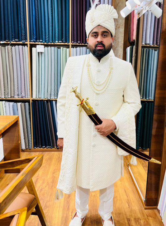 Off-White Groom Sherwani | All Over Thread Embroidery | Luxury Indian Wedding Sherwani | Customizable Fit | Golden Attire