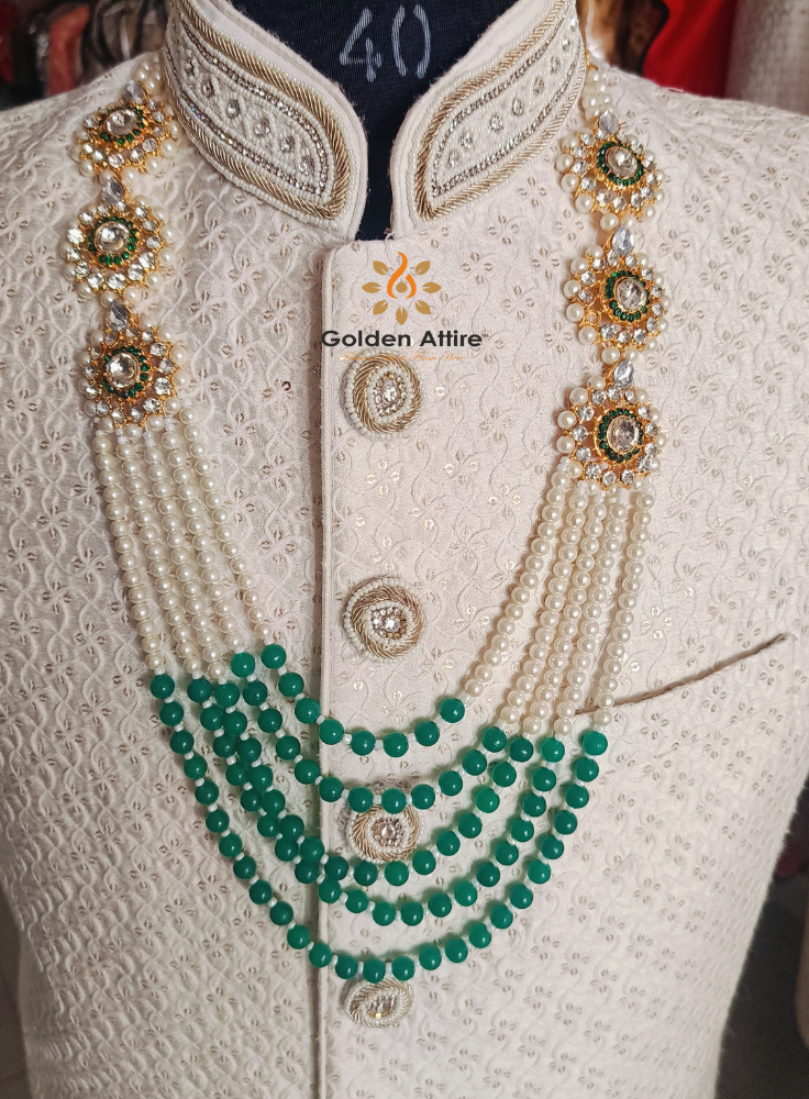 Ivory & Green Maharaja Necklace for Groom | Kundan & Pearl Wedding Mala