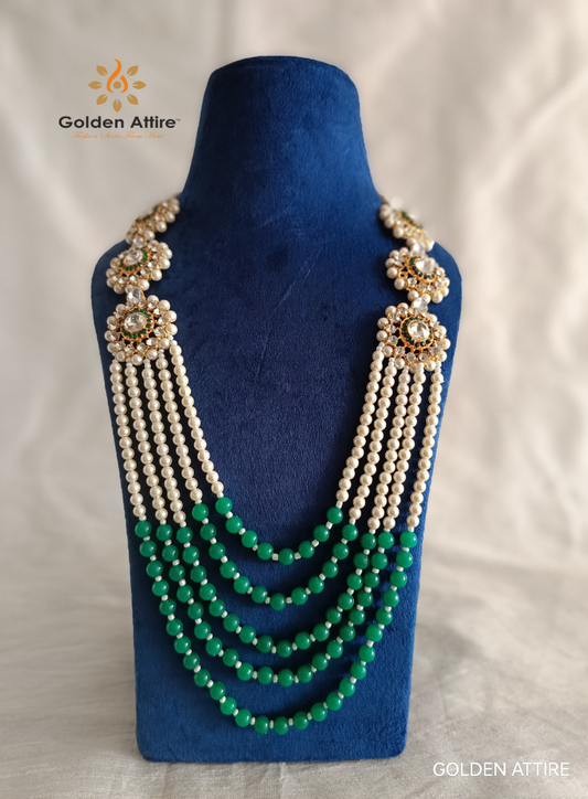Ivory & Green Maharaja Necklace for Groom | Kundan & Pearl Wedding Mala