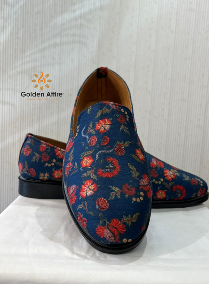 Navy Blue Handmade Mojari Loafers | Elegant Sherwani Shoes for Indian Groom