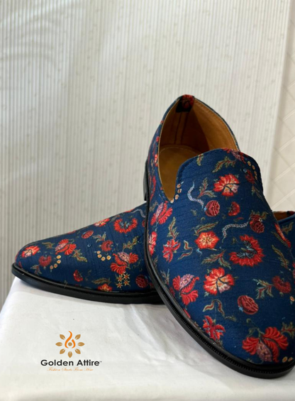 Navy Blue Handmade Mojari Loafers | Elegant Sherwani Shoes for Indian Groom