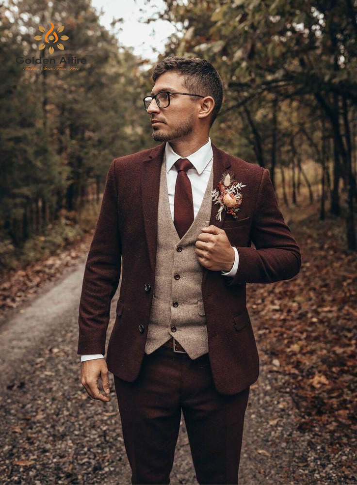 Premium Burgundy Tweed Wool Groom Suit, Elegant 3-Piece Wedding Suit