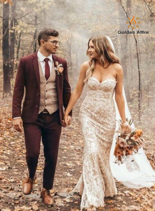 Premium Burgundy Tweed Wool Groom Suit, Elegant 3-Piece Wedding Suit