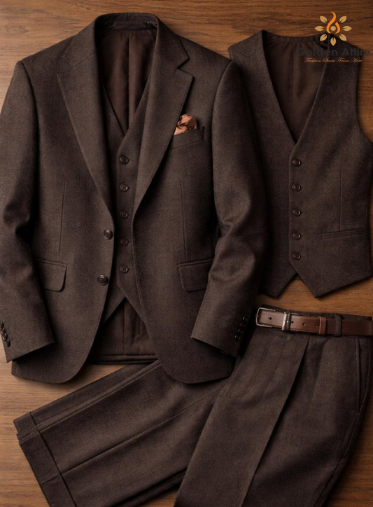 Premium Chocolate Brown Tweed Suit, 3-Piece Groom Wedding Suit, Winter Groom Suit