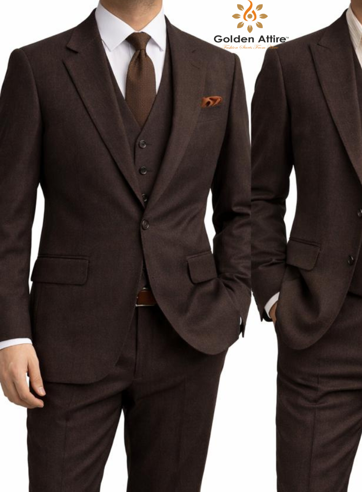 Premium Chocolate Brown Tweed Suit, 3-Piece Groom Wedding Suit, Winter Groom Suit