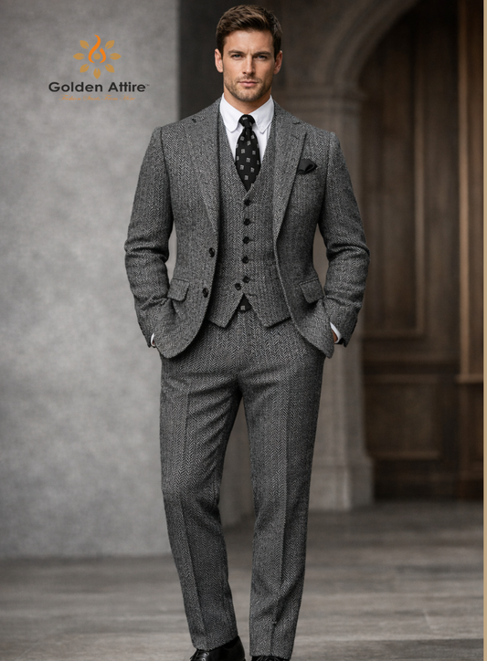 Charcoal Grey Herringbone Tweed 3-Piece Suit, Elegant Groom & Wedding Suit