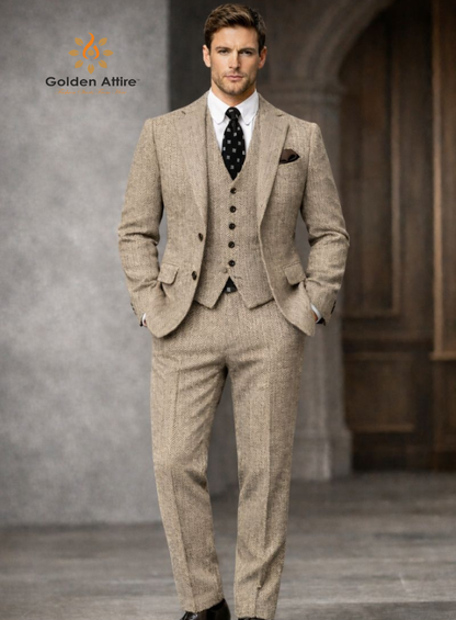 Beige Herringbone Tweed Wool Three-Piece Suit, Elegant Winter Groom Wedding Suit