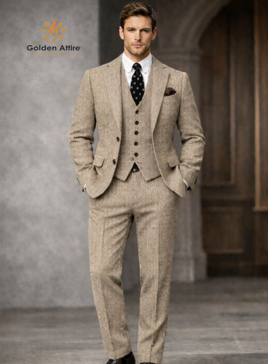 Beige Herringbone Tweed Wool Three-Piece Suit, Elegant Winter Groom Wedding Suit