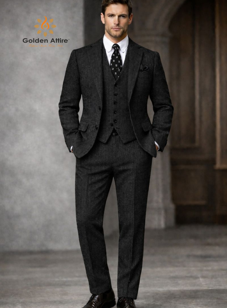 Premium Black Herringbone Tweed Wool 3-Piece Suit, Winter Wedding Groom Suit for Men