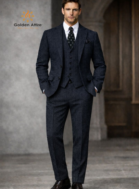Navy Blue Herringbone Tweed 3-Piece Suit, Premium Winter Groom Wedding Suit