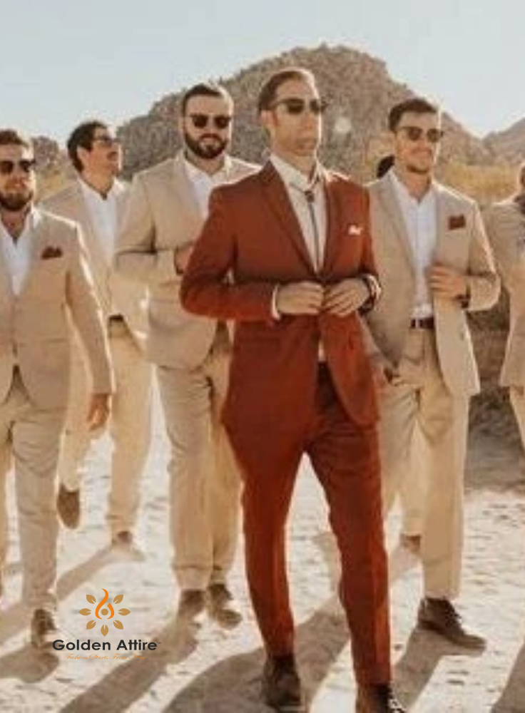 Terracotta Men's 3-Piece Suit: Rust Wedding Groom Suits