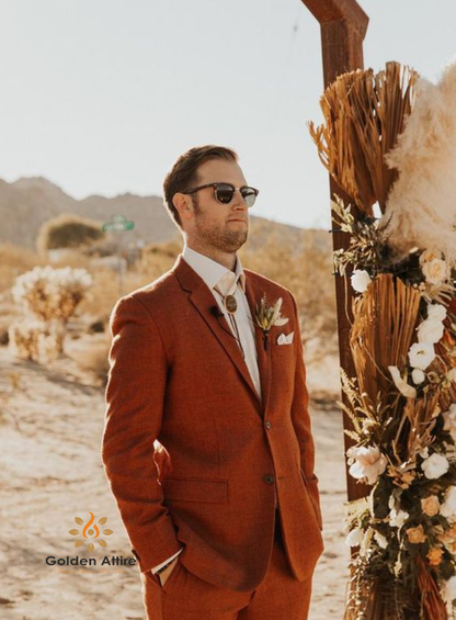 Terracotta Men's 3-Piece Suit: Rust Wedding Groom Suits