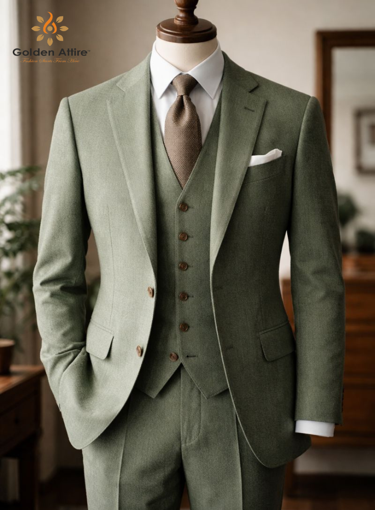 Sage Green Premium Tweed Wool Three-Piece Suit, Winter Wedding Groom Suit
