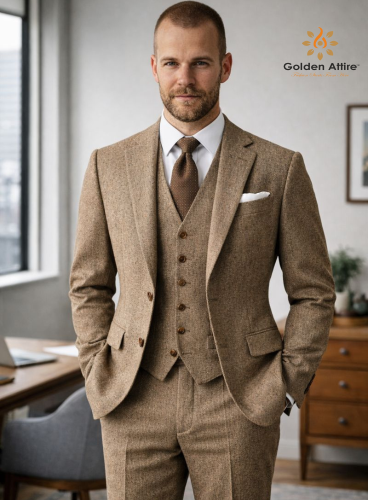 Premium Tweed Wool Three-Piece Groom Suit, Custom Tan Winter Wedding Suit