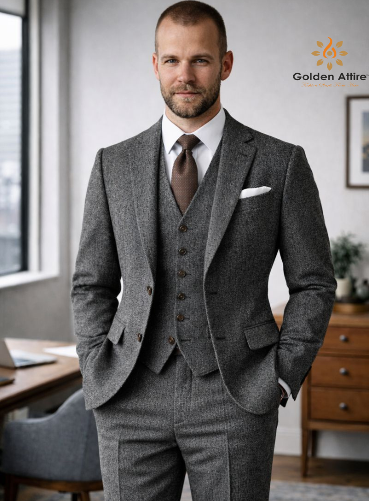 Charcoal Grey Tweed Three Piece Suit Men, Premium Wool Groom Wedding Suit