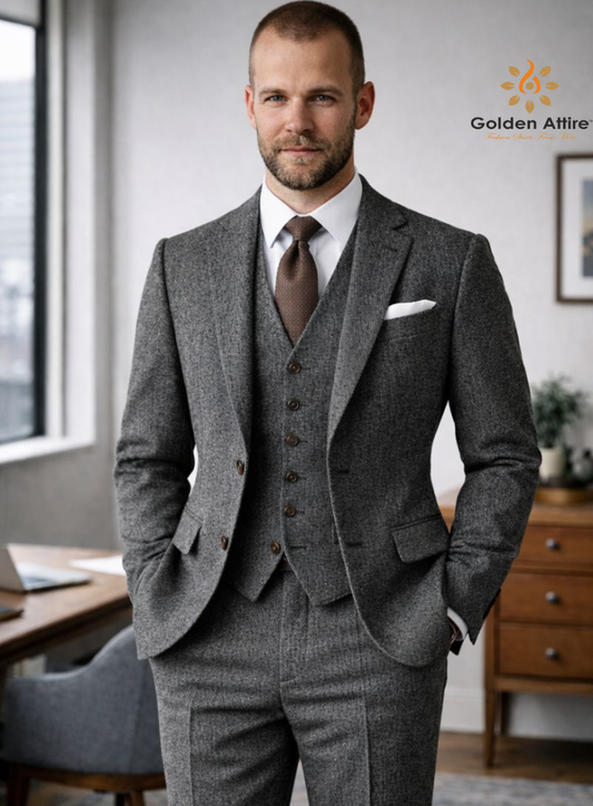 Charcoal Grey Tweed Three Piece Suit Men, Premium Wool Groom Wedding Suit