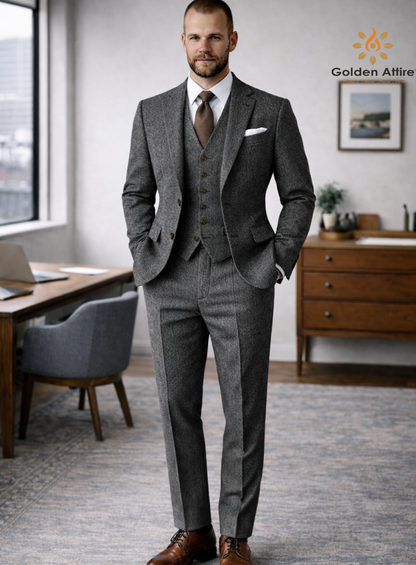 Charcoal Grey Tweed Three Piece Suit Men, Premium Wool Groom Wedding Suit
