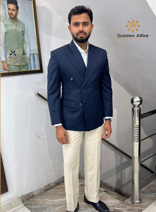 Navy Blue Striped Double-Breasted Groom Suit, Men's Wedding Suit