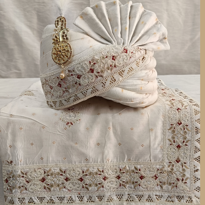 Ivory Indian Wedding Turban & Shawl Set for Men, Groom Safa Stole with Embroidery Border for Sherwani