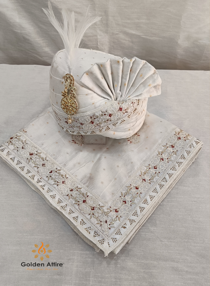 Ivory Indian Wedding Turban & Shawl Set for Men, Groom Safa Stole with Embroidery Border for Sherwani