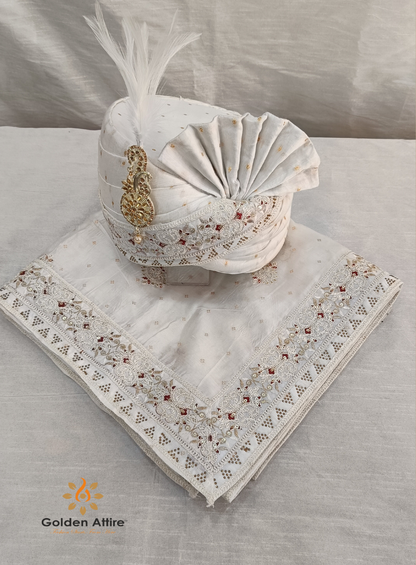 Ivory Indian Wedding Turban & Shawl Set for Men, Groom Safa Stole with Embroidery Border for Sherwani
