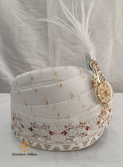 Ivory Indian Wedding Turban & Shawl Set for Men, Groom Safa Stole with Embroidery Border for Sherwani