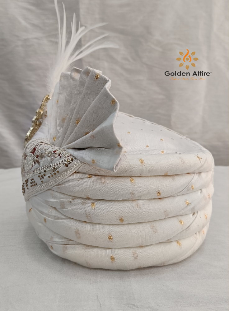 Ivory Indian Wedding Turban & Shawl Set for Men, Groom Safa Stole with Embroidery Border for Sherwani