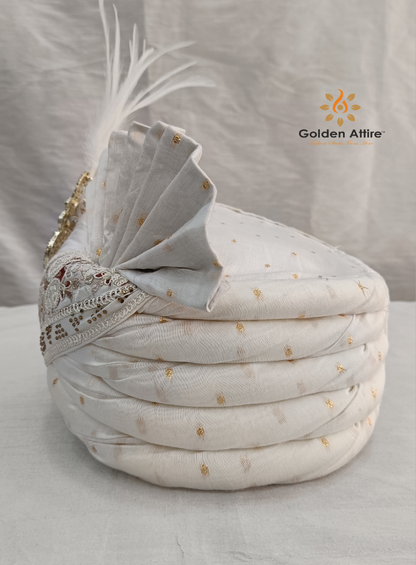 Ivory Indian Wedding Turban & Shawl Set for Men, Groom Safa Stole with Embroidery Border for Sherwani