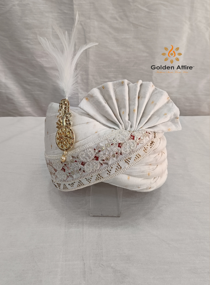 Ivory Indian Wedding Turban & Shawl Set for Men, Groom Safa Stole with Embroidery Border for Sherwani