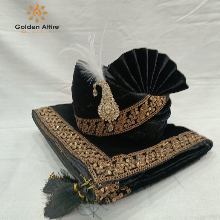Black Velvet Indian Wedding Turban & Shawl Set