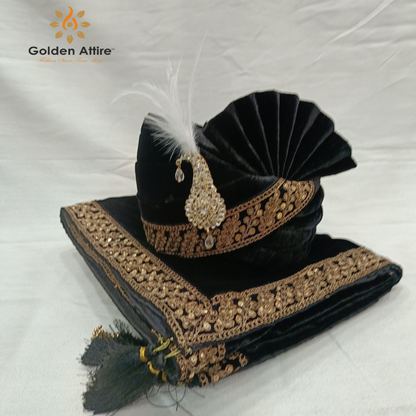 Black Velvet Indian Wedding Turban & Shawl Set