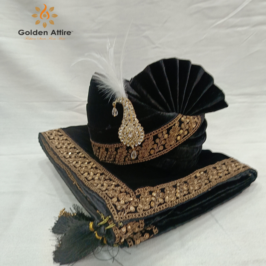 Black Velvet Indian Wedding Turban & Shawl Set