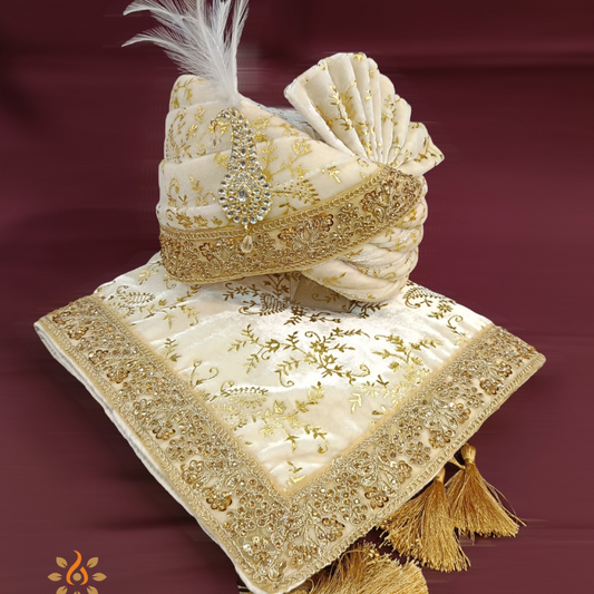 Ivory & Gold Embroidered Velvet Wedding Turban & Shawl Set