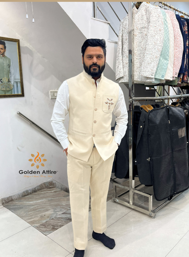 Premium Ivory Linen Bandhgala Nehru Jacket, Groom Wedding Jacket