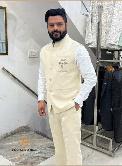 Premium Ivory Linen Bandhgala Nehru Jacket, Groom Wedding Jacket