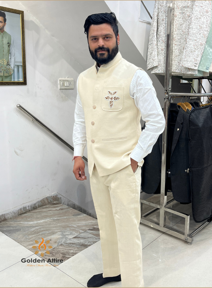 Premium Ivory Linen Bandhgala Nehru Jacket, Groom Wedding Jacket