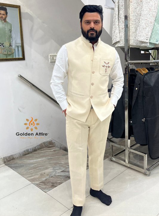 Premium Ivory Linen Bandhgala Nehru Jacket, Groom Wedding Jacket