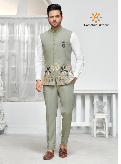Sage Green Premium Nehru Jacket, Customizable Bandhgala Jacket for Groom