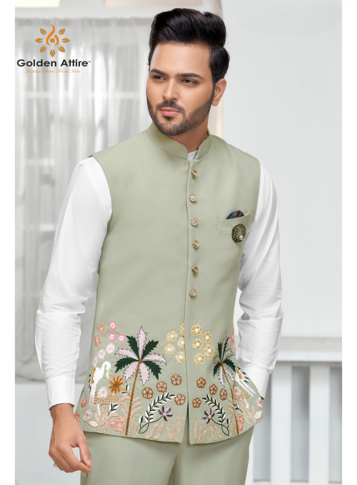 Sage Green Premium Nehru Jacket, Customizable Bandhgala Jacket for Groom