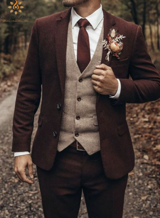 Premium Burgundy Tweed Wool Groom Suit, Elegant 3-Piece Wedding Suit