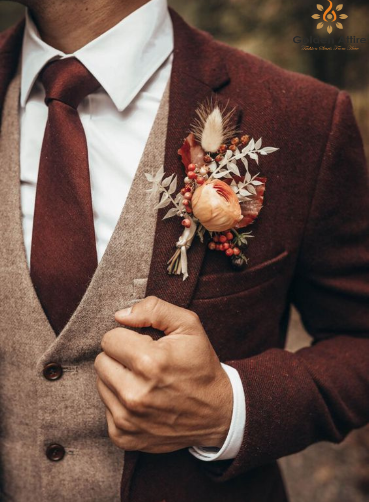 Premium Burgundy Tweed Wool Groom Suit, Elegant 3-Piece Wedding Suit