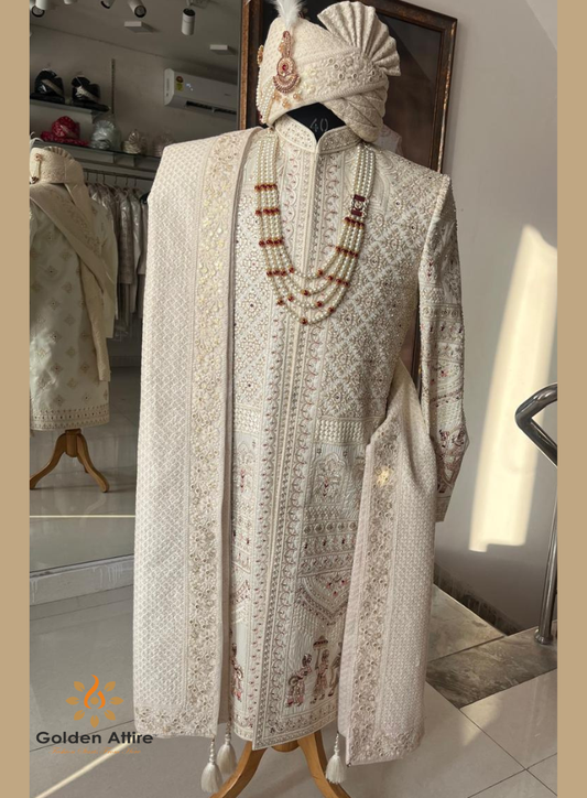 Elegant Ivory Sherwani for Groom, Custom Sherwani for Indian Wedding