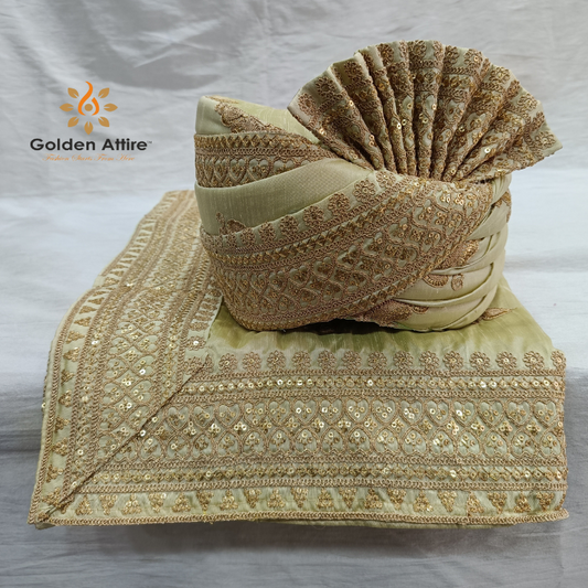 Cream Indian Groom Safa Turban & Shawl Set, Golden Embroidery Border