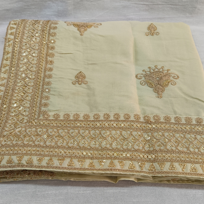 Cream Indian Groom Safa Turban & Shawl Set, Golden Embroidery Border