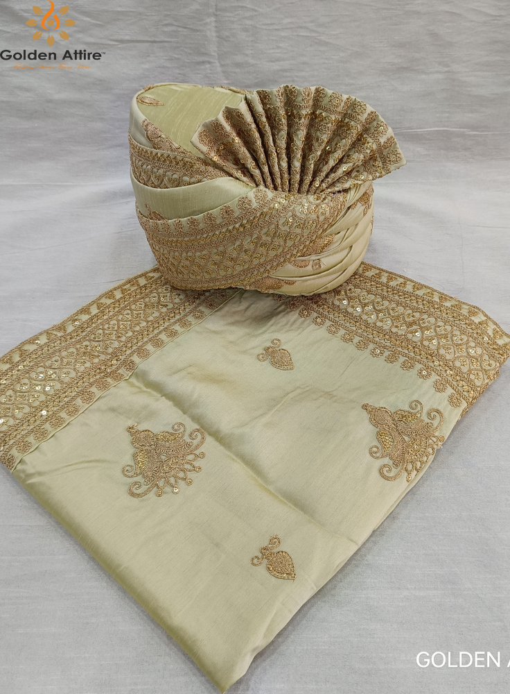 Cream Indian Groom Safa Turban & Shawl Set, Golden Embroidery Border