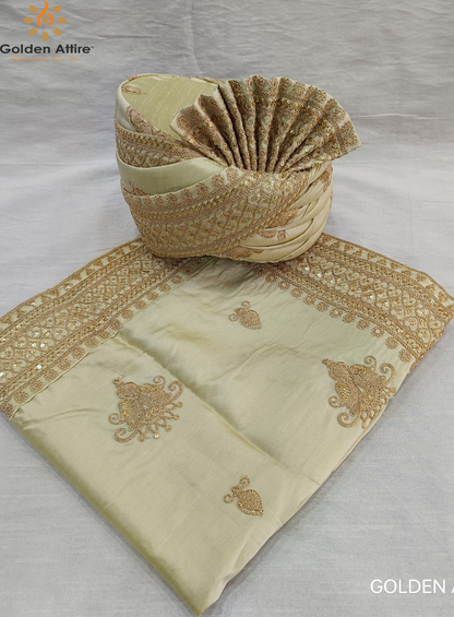 Cream Indian Groom Safa Turban & Shawl Set, Golden Embroidery Border