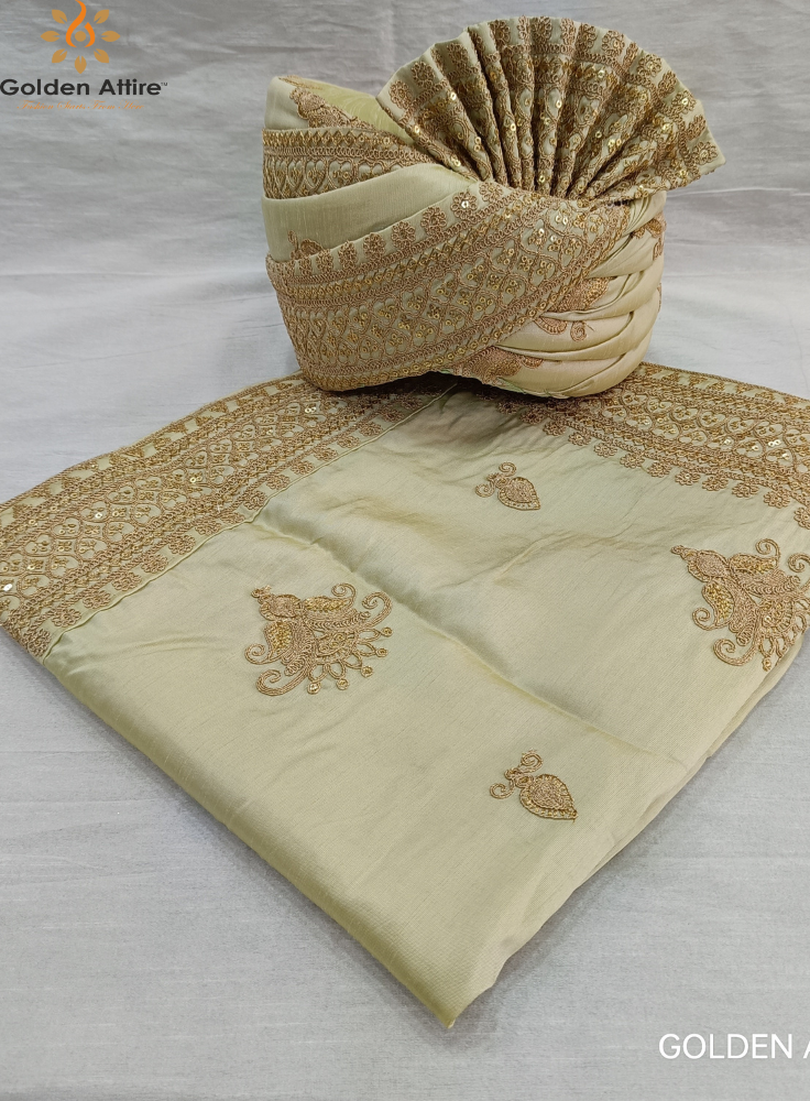Cream Indian Groom Safa Turban & Shawl Set, Golden Embroidery Border